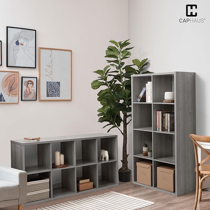 CAPHAUS 11-Inch Cube Storage Organizer Shelf, Home Storage Shelf Divider w/Back, 9-Cube Storage Bookcase, Greige Oak