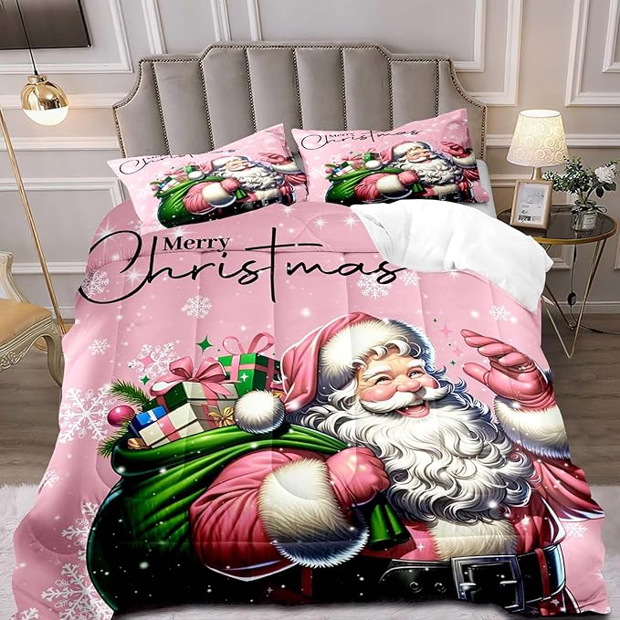 LUVIVIHOME 3PCS Merry Christmas Comforter Set Full Size, Funny Santa Claus Bedding, Kids Teens Girls Bedding, Winter Snowflake New Year Christmas Bedroom Decor, Pink Quilt, Xmas Gifts, 2 Pillow Shams