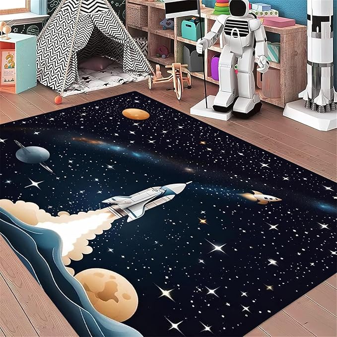 Space Children's Play Rug,4x6ft,Solar System Planet Rocket Play Mat Rug, Suitable for Boys and Girls, Home Decor,Educational Learning Play Area Rug,Suitable for Children's Bedroom Playroom