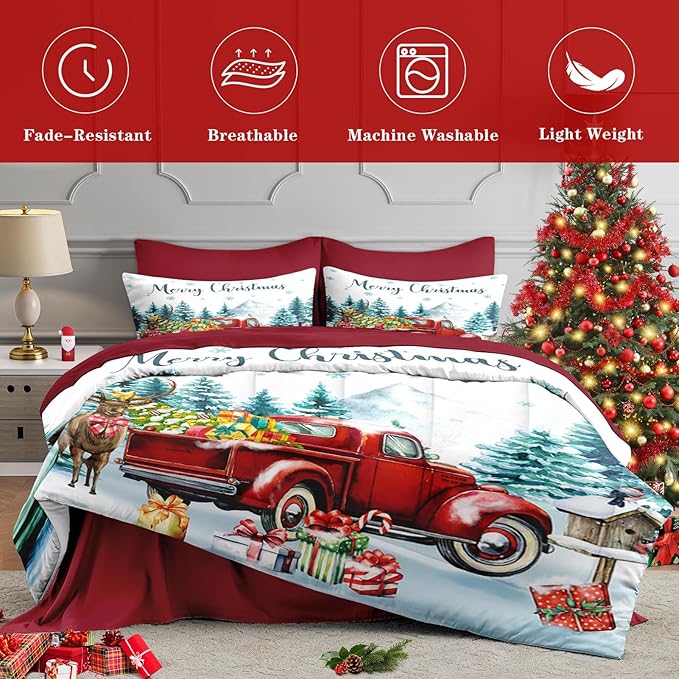7 Pcs King Size Christmas Comforter Set with 2 Pillowcases & 2 Shams, Red Vintage Truck Elk Bedding for Kids and Adults, Winter Forest Bed in a Bag with Flat Fitted Sheet