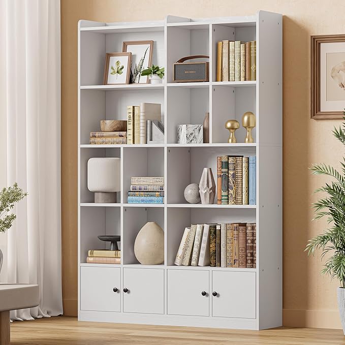 IRONCK Bookshelves and Bookcase, 6 Tiers Large Bookshelf with 4 Doors, Floor Standing Tall Display Storage Shelves for Home Office, Living Room, Bedroom, White
