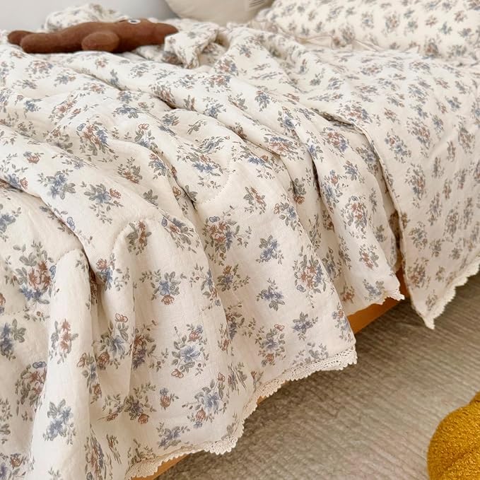 BuLuTu Cottagecore Floral Toddler Bed Blanket Muslin Cotton Quilt, Vintage Princess Girls Comforter, Lace Edged Farmhouse Bedding Kids Room Nursery Decor, 60"x78", Balloon Flower Print