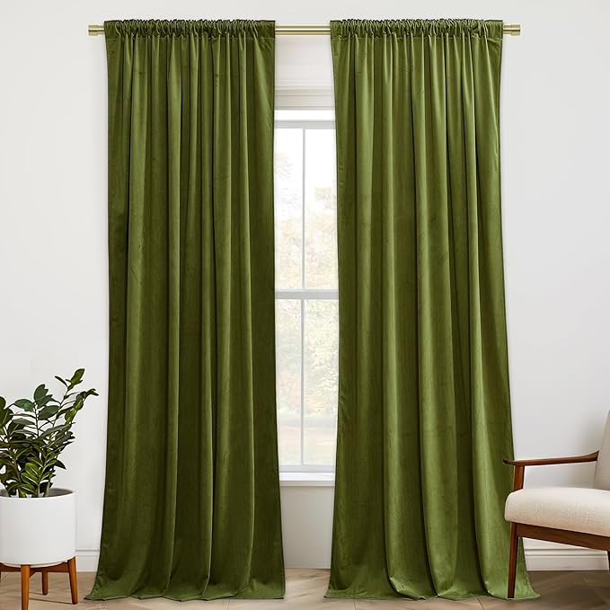 StangH Christmas Olive Green Curtains for Living Room 105 inches Long Soft Velvet Thermal Insulated Window Drapes for Bedroom Heavy Thick Privacy Panels, W52 x L105, 2 Panels