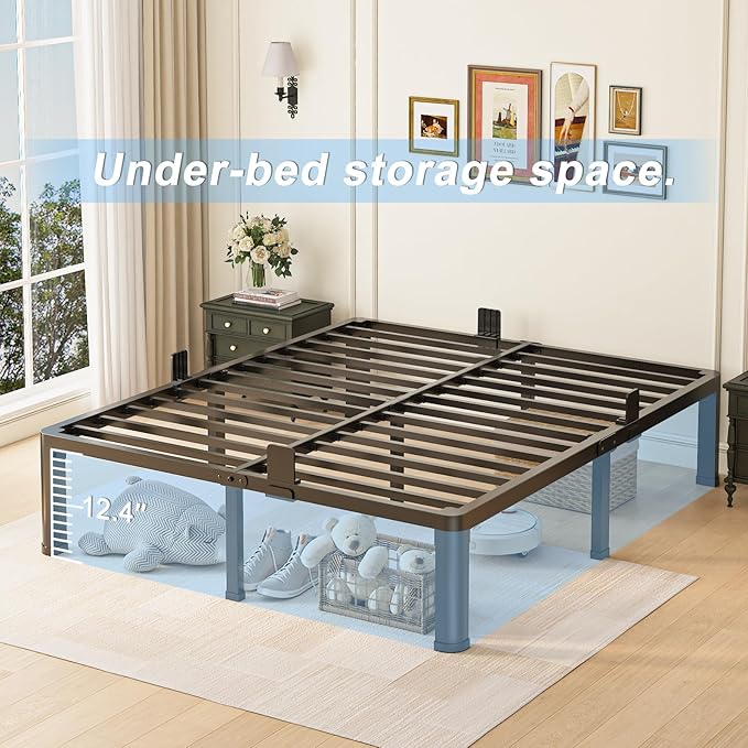14 inch California King Bed Frame with Round Corner Legs Mattress Slide Stopper,3500 lbs Heavy Duty Metal Platform,Steel Slat Support,No Box Spring Needed,Easy Assembly,Noise Free