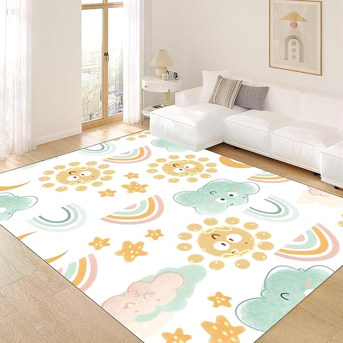 Cute Fluffy Kids Rugs Girls Bedroom Rainbow Rugs Living Room Colorful Floor Mats Soft Washable Non-Slip Rugs Smiling Sun White Cloud Patterns Kids Room Nursery Decoration 2x4ft