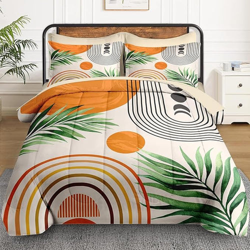 7 Pcs Queen Size Comforter Set with 2 Pillowcases & 2 Shams, Contemporary Mid Century Bedding for Kids and Adults, Rainbow Sun Boho Geometric Bed in a Bag with Flat Fitted Sheet