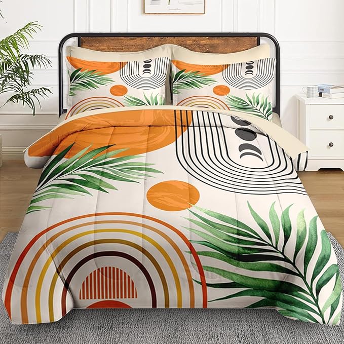 7 Pcs Full Size Comforter Set with 2 Pillowcases & 2 Shams, Contemporary Mid Century Bedding for Kids and Adults, Rainbow Sun Boho Geometric Bed in a Bag with Flat Fitted Sheet