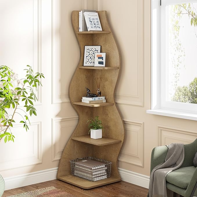 Tribesigns Corner Shelf, Modern 5-Tier Wall Corner Bookshelf, Stylish Corner Small Bookcase Storage Rack Plant Stand with Unique Shape for Living Room, Home Office (Light Brown, 1PC)