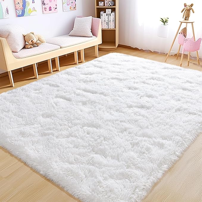 5x7 Rugs for Living Room - 1.4" Height Pile Plush Rug for Dorm - Soft Non-Slip Fluffy Throw Carpet Bedroom White