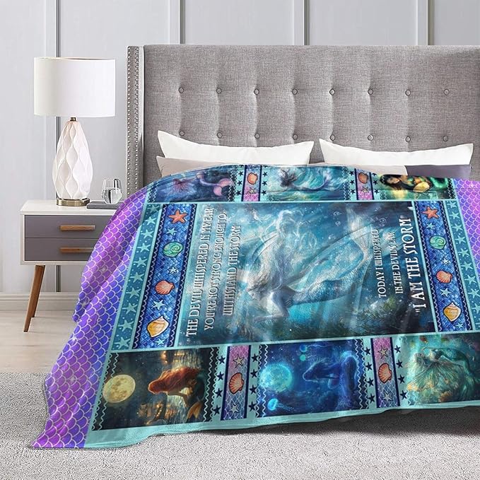 Mermaid Blanket for Girls Blue Ocean Throw Blankets Soft Cozy Warm Fuzzy Fleece Marine Life Shells Bedding Flannel Throws Stuffed Animal Gifts for Mermaid Lovers Kids Men Women Bedroom Decor 60"x50"