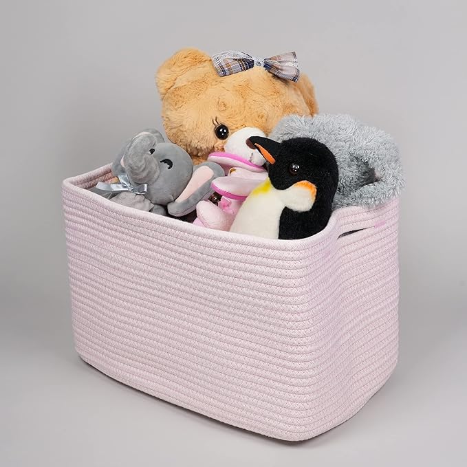 Cotton Rope storage Basket Bins Woven Basket for Organizing Shelves 14.5X9.5X9.3" Rectangle Decorative Baskets For storage Clothes Toys Books Towels Nursery basket organizer 3 pack light pink