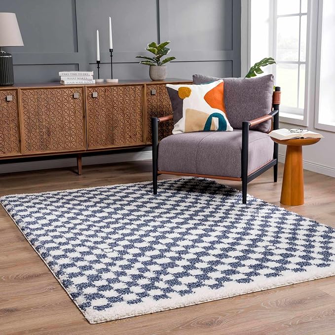 Hauteloom Kieu Contemporary Checkered Fluffy Shag Area Rug - Modern Geometric Soft Carpet Tiles for Living Room, Kids Room, Nursery - Blue, White - 7'10" x 10'