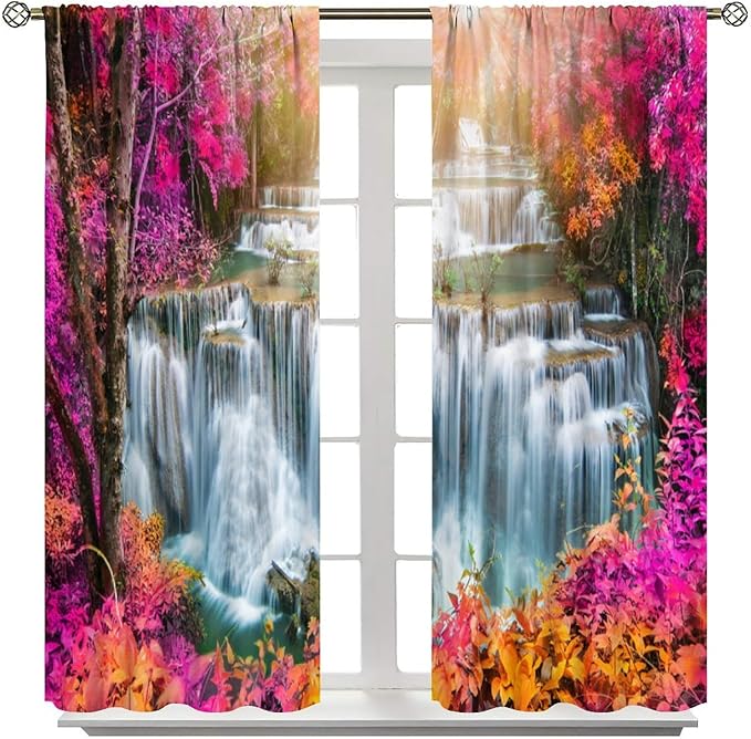 Waterfall Blackout Window Curtains, Nature Landscape Fores Theme Rod Pocket Window Drapes, for Living Room Bedroom 52" W X 84" L