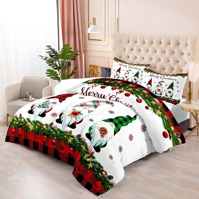 LUVIVIHOME 3PCS Merry Christmas Comforter Set Full Size, Gnomes Bedding, Cute Christmas Bedroom Decor for Kids Boys Girls Teens, Xmas Gifts, Buffalo Plaid Christmas Gnomes Decorations, 2 Pillow Cases
