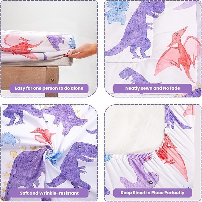 Toddler Bedding Set, Plush Minky Fabric Crib Bedding Set for Girls, Breathable and Soft Baby Crib Bedding Set, Includes Toddler Comforter, Flat Sheet, Fitted Sheet and Pillowcase (Purple Dinosaur)
