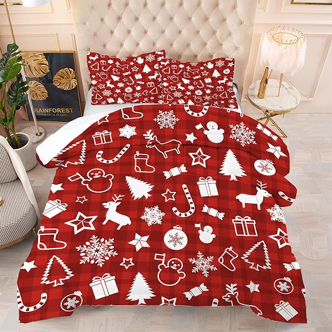 Plaid Christmas Comforter King: Xmas Red Snowman Bedding Sets Snowflakes Christmas Tree Candy Reindeer Bed Set 3 Piece for Women Adults Teens Bedroom Festival Decor