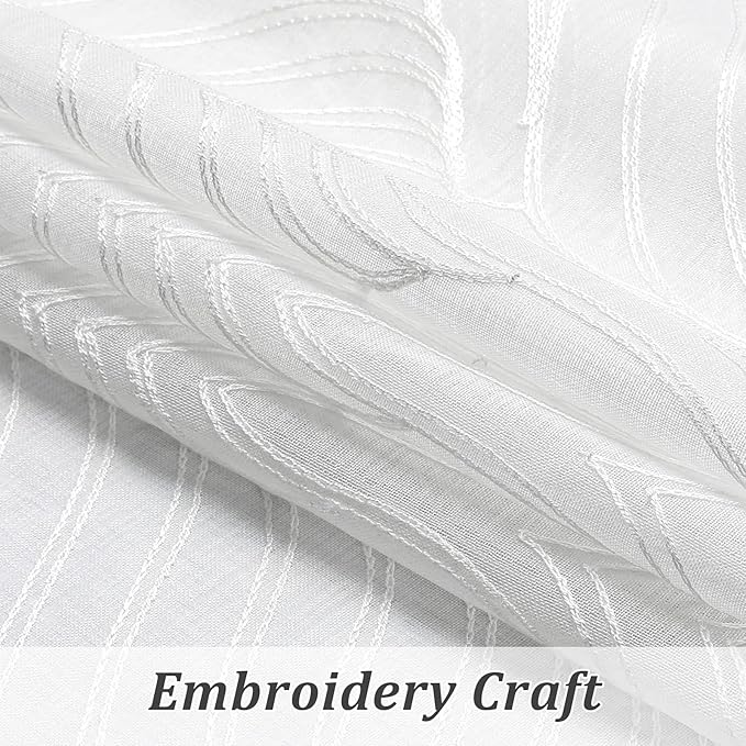 VISIONTEX White Sheer Curtains 84 Inches Long 2 Panels Set Moroccan Embroidery Texture Geometric Rod Pocket Ivory White Voile Tulle Semi Window Treatment Pair for Bedroom Living Room 54 x 84 Inches