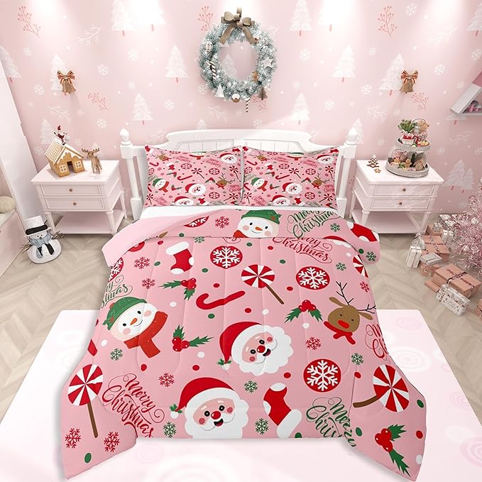Feelyou Merry Christmas Kids Comforter Set King Size Santa Claus Snowman Bedding Set Deer Berries Duvet Quilt for Kids Boys Girls Bedroom Snowflake Decor Microfiber Ultra Soft Breathable
