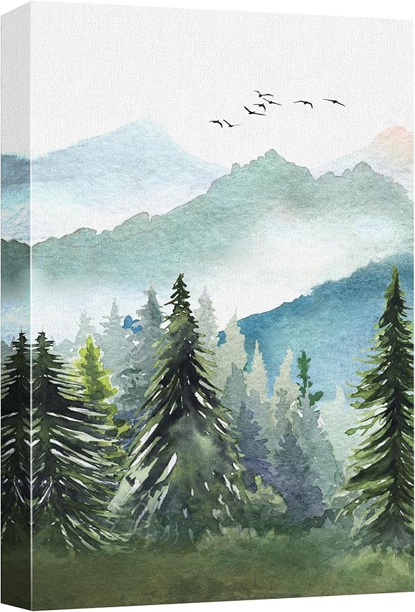 SIGNWIN Canvas Print Wall Art Watercolor Green Forest Tree Mountain Range Nature Landscape Prints Modern Art Woodland Nursery Decor for Living Room, Bedroom, Office - 12"x18"