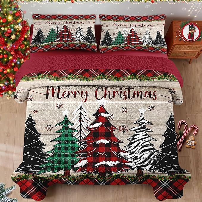 Christmas King Size Quilt Set, Black Red Plaid Lightweight Bedspread Coverlet with Pillow Shams for Kids and Adults, Retro Colorful Pine Tree 3 Pcs Bedding Bed Cover