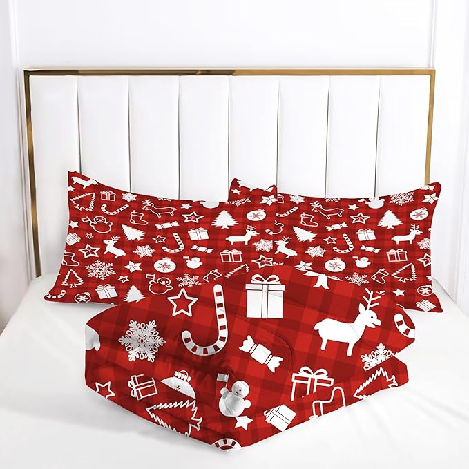 Comforter Set Plaid Christmas: Twin Size Red Bedding Set for Kids Teen Girls Boys Xmas Gift Snowflake Snowman Reindeer Pine Trees Quilt Bed Set Festival Decor 2 Piece