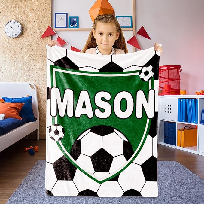 Personalized Soccer Blanket with Name for Boys, Custom Name Blanket for Teen, Soft Flannel Soccer Customized Gift for Birthday 50"x60"