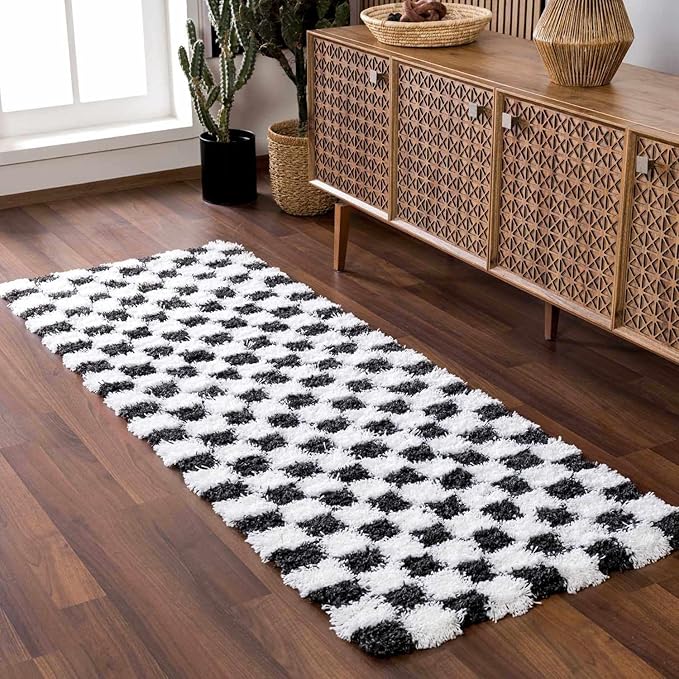 Hauteloom Atira Contemporary Checkered Fluffy Shag Runner Rug - Modern Geometric Carpet Tiles for Hallway, Hitchen - Plush Pile Carpet Squares - White,Black - 2'7" x 10'