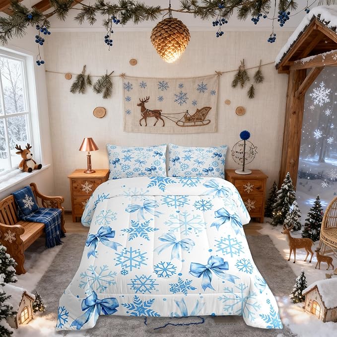 Lovely Bowknot Kids Bedding Set King Size,Dreamy Bowknot Dots Snowflake Comforter Set,Winter Merry Christmas Girly Quilt Comforter,Blue White Bedroom Duvet Insert,2 Pillowcases