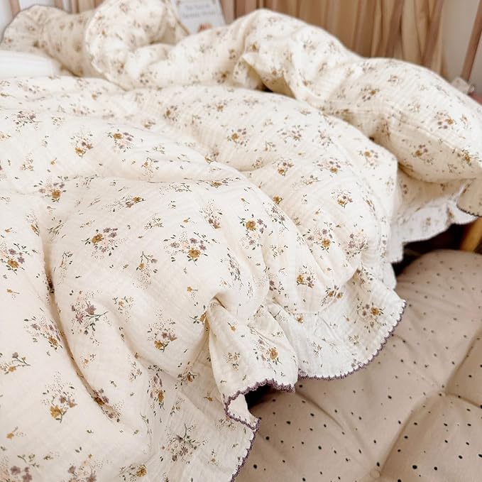 BuLuTu Muslin Cotton Kids Duvet Cover Twin Size, 68"x86", Shabby Chic Crape Flower Design Girls Quilt Cover Vintage Princess Style Bedding Ruffled Comforter Cover Floral Print, No Pillowcase