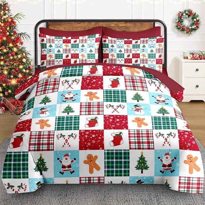 7 Pcs King Size Christmas Comforter Set with 2 Pillowcases & 2 Shams, Colorful Plaid Snowman Bedding for Kids and Adults, Cute Gingerbread Man Bed in a Bag with Flat Fitted Sheet