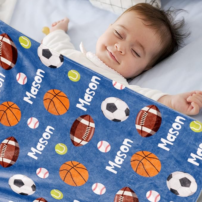 Personalized Ball Blanket with Name for Boys, Custom Kids Ball, Soft Flannel Toddler Customized Gift Birthday Christmas Baby Shower Newborn 30'' X 40'', 6-balls-blue