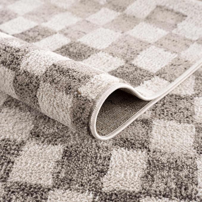 Hauteloom Pertek Modern Checkered Area Rug - Modern Geometric Carpet for Living Room, Kids Room, Nursery - Bohemian Boho Carpet - Brown, Beige, Cream - 7'10" x 10'