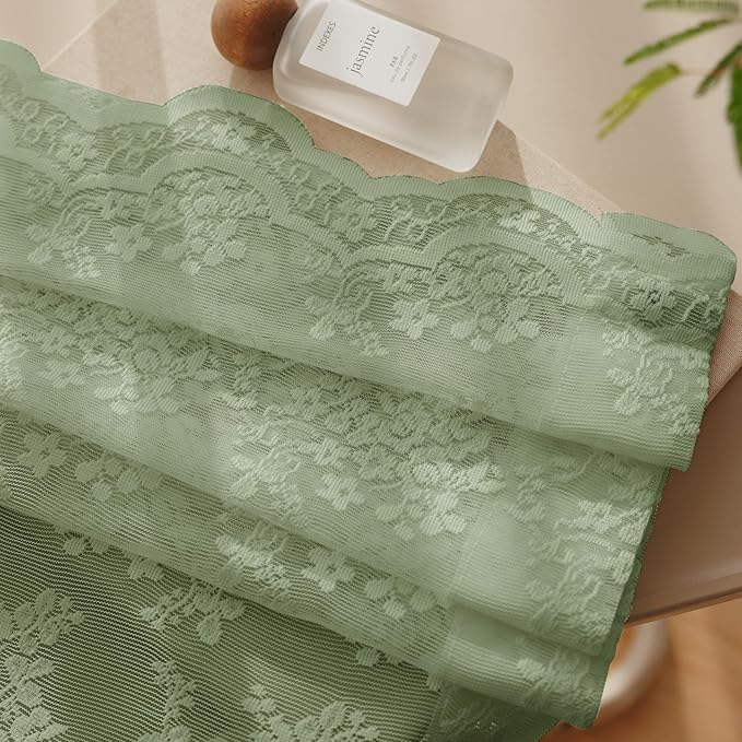 Anmao Vintage Lace Kitchen Curtains 18 Inches Long 2 Panels, Romantic Semi Sheer Floral Over Sink Lacy Cafe Curtain, Elegant Window Short Small Drapes, 55W x 18L, Sage Green
