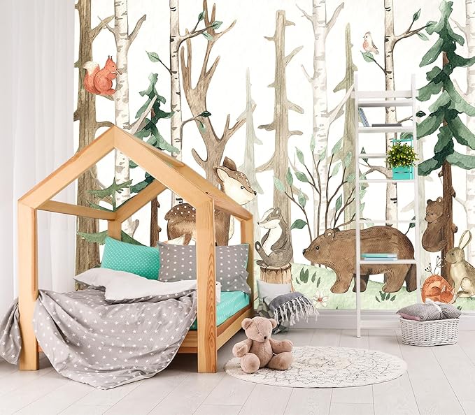 XMPMBM-Cartoon Hand-Painted Animals Woodland Nursery Room Fabric Wallpaper Graffiti Pine Forest Kids Gaming Room Wall Mural-W 176" X H 113"（138 Square Foot）