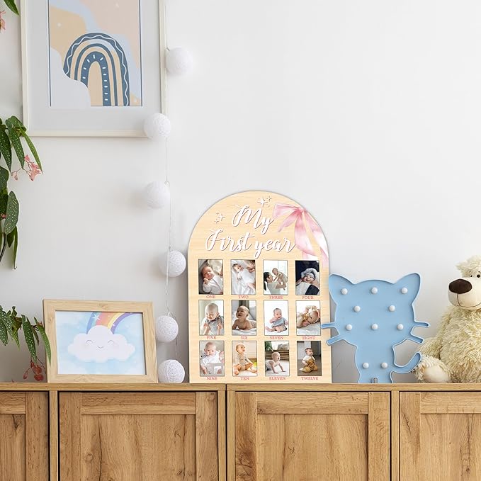 My First Year Milestone Photo Board, One Year of Wood Photo Board, 12 Monthly Baby Picture Frame, Pink Bow Nursery Decor, Girl Boy 1st Birthday Decorations, Baby Shower Keepsake Best Gift-A15