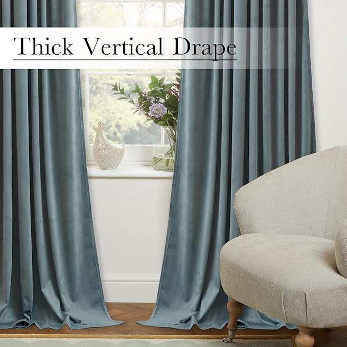 StangH 108 inches Long Stone Blue Velvet Curtains - Back Tab Thermal Insulated Privacy Protect Window Drapes Elegant Home Decor for Kids Party/Living Room, W52 x L108, 2 Panels