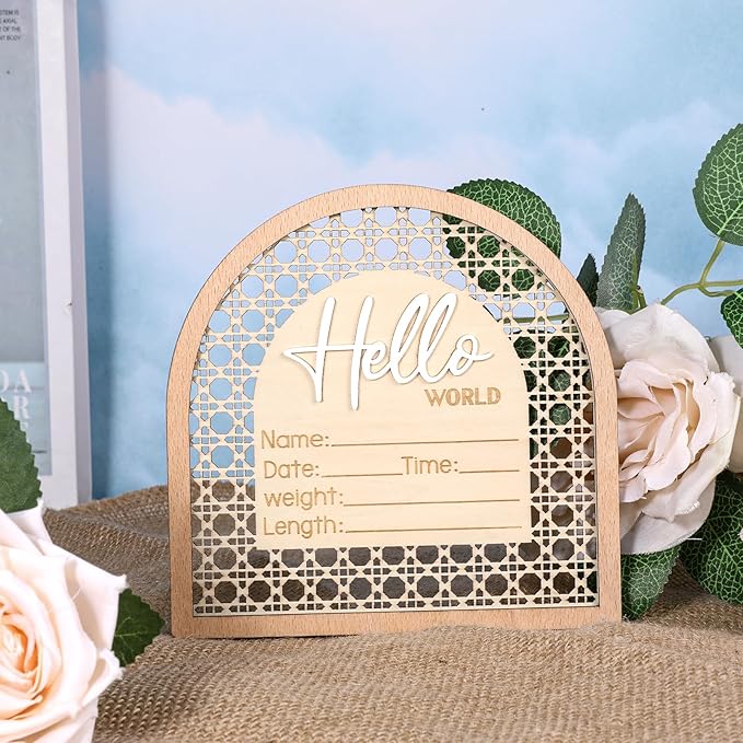 Baby Announcement Sign, 5.5in Wooden Arched Baby Shower Welcome Sign, Hello World Newborn Welcome Signs Birth Name Tag, Can be Used for Photo Props, Nursery, Newborn Gift