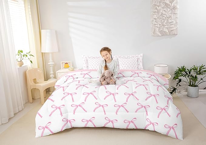 7 Pieces Cartoon Bowknot Kids Comforter Twin,Pink Bow Tie Butterfly Knot Princess Bedding Set,Watercolor Bow Patchwork Pink White（Comforter+Fitted+Flat Sheet+2 Pillowcases+2 Throw Pillow Covers）