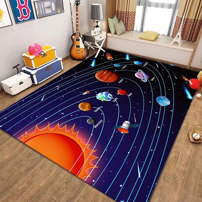 Cartoon Space Solar System Planet Area Rug,6x8ft,Outer Space Themed Rugs, Non-Slip Washable, Easy Care Rug, Suitable for Kids Playroom, Boys and Girls Room Decor