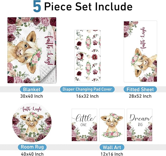 Personalized Baby Crib Bedding Set, Custom Name Blanket with Dotted Backing, 5 Piece Custom Gift Highland Cow Crib Bed Set for Baby Infant Shower Birthday, Floral Crib Bedding Gifts Style06