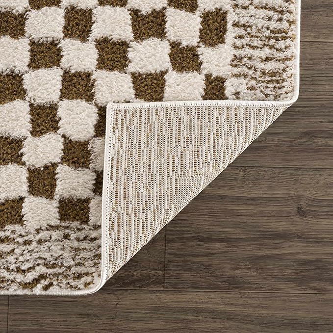 Hauteloom Leryn Living Room, Bedroom Area Rug - Checkered - High Pile - Bone - 5'3" x 7'
