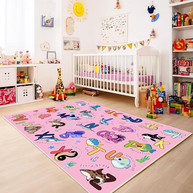 Kids Rug for Playroom, 3x4 Feet Educational Rug for Learn The ABC Alphabet, Soft Machine Washable Non-Slip Cute Marine Organisms Carpet for Classroom Toddler Nursery Kids Room Decor Mat, Pink