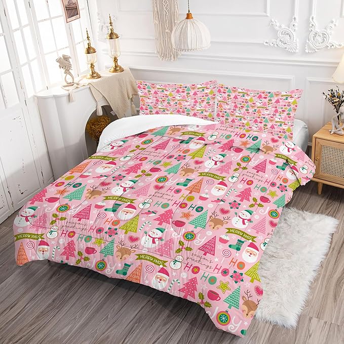 Pink Christmas Comforter Queen: Merry Xmas Santa Claus Bedding Set Queen Size for Teen Girls Women Adults Kids Christmas Tree Snowman Elk Quilt Bed Set 1 Comforter & 2 Pillowcases
