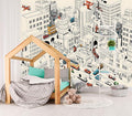 XMPMBM-Cartoon Comics City Nursery Room Fabric Wallpaper Kids Bedroom Hand-Painted Graffiti Wall Mural-W 176" X H 113"（138 Square Foot）