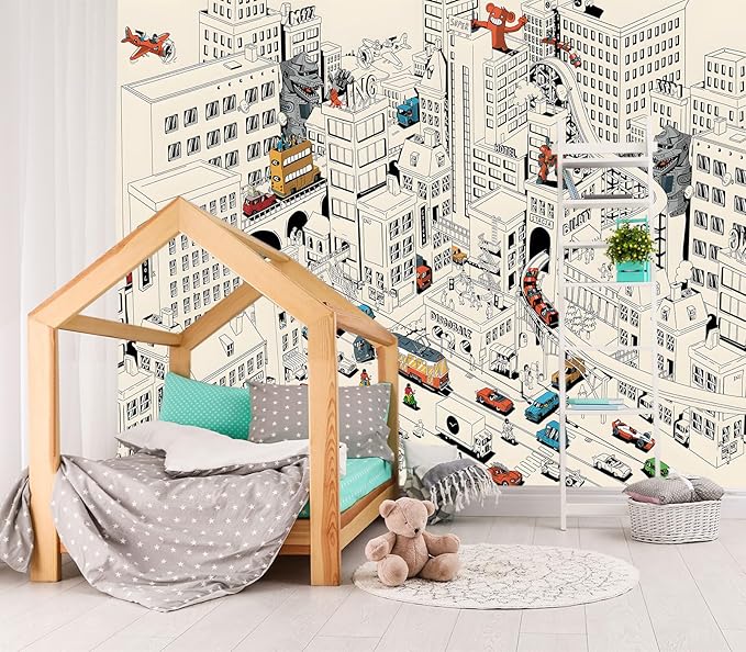 XMPMBM-Cartoon Comics City Nursery Room Fabric Wallpaper Kids Bedroom Hand-Painted Graffiti Wall Mural-W 132" X H 92"（93 Square Foot）
