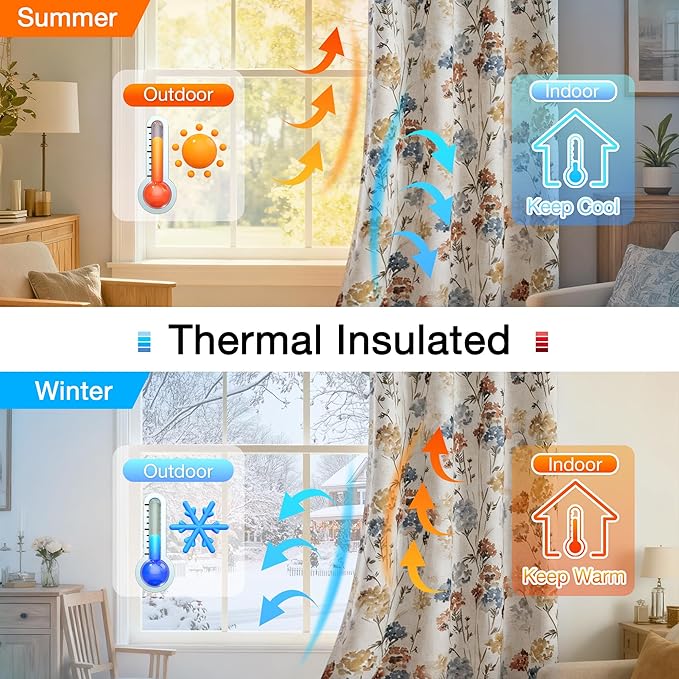 MYSKY HOME 100% Blackout Linen Floral Curtains 90 Inch Long 2 Panels Farmhouse Pattern Printed Double Layer Thermal Insulated Soundproof Drapes for Living/Dining Room, Yellow, 52" Wide Each Panel