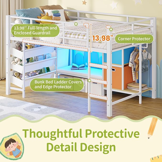 DICTAC Low Loft Bed Twin Size with Reading Corner Metal Twin Loft Bed with LED Lights,Sling Drawers and Bookshelf,loft Bed with Storage Basket and Bins,13.98" H Safety Guardrail and Stairs,White