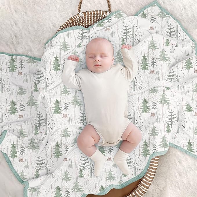 lulumoon Muslin Baby Blanket Neutral: Cotton Crib Blanket with Pine Tree - Soft Toddler Bedding for Registry Gift 47x47 Inches (Green Forest Stump)