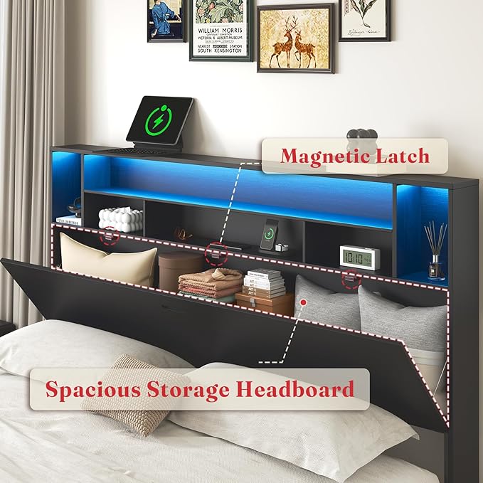 Queen Bed Frame with Large Headboard Storage, Bed Frames with 2 Under Bed Drawers, Built-in LED Lights Charging Station, Easy Assembly, Black