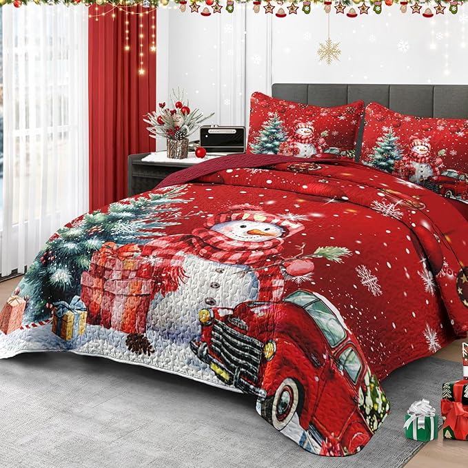 Christmas King Size Quilt Set, Red Cute Snowman Lightweight Bedspread Coverlet with Pillow Shams for Kids and Adults, Farmhouse Truck Snow 3 Pcs Bedding Bed Cover